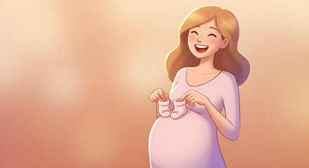 Joyful Pregnant Woman Illustration Holding Pink Baby Booties on Warm Background