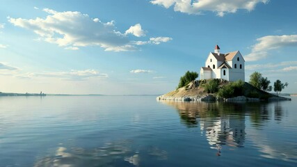 A tranquil island features charming architecture surrounded by calm waters and lush greenery, creating a peaceful atmosphere