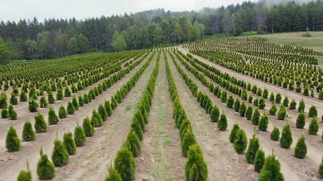 Rows of cultivated conifer trees growing in christmas tree farm plantation
