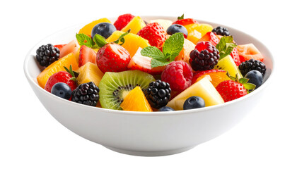 Pices of mix fruits on bowl isolated on transparent background.