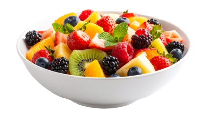 Pices of mix fruits on bowl isolated on transparent background.