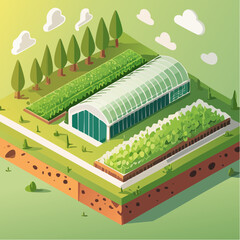 Isometric Vertical Farming Diagram Vector | Hydroponic Layers System | Educational Agriculture Infographic | Green & White Palette