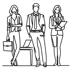 Elegant line art depicts three business professionals, ideal for modern corporate branding or sleek website design.
