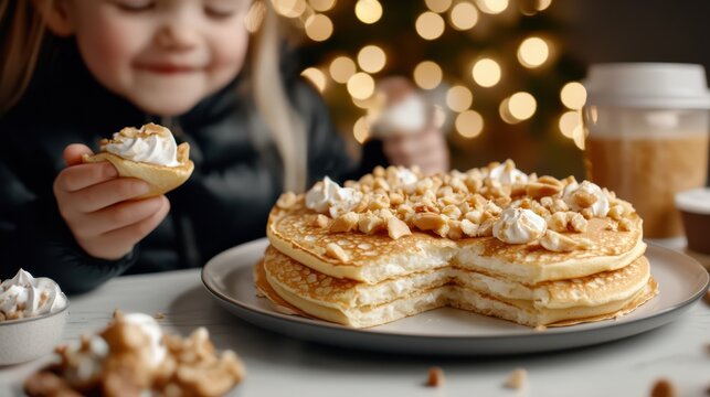 Cheerful Little Girl Enjoying Delicious Pancakes with Sweet Syrup Topping - Powered by Adobe