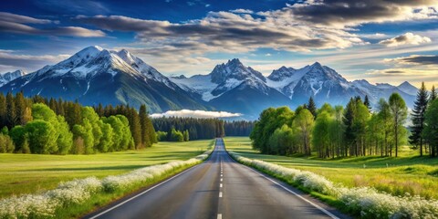 Asphalt Road Leading Through Lush Green Meadow Towards Majestic Snow-Capped Mountains Under a Dramatic Sky