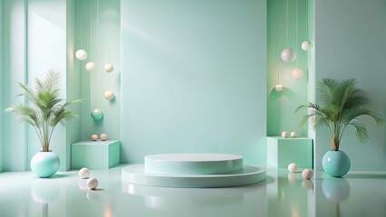 Serene Minimalist Studio Display with Two-Tiered Pedestal, Potted Plants, and Suspended Orb Lights