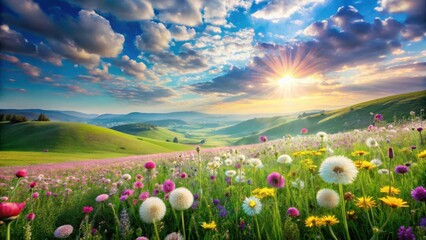 Serene Sunset Over Rolling Hills and Vibrant Wildflower Meadow