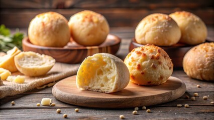 Golden-brown cheesy bread rolls, freshly baked and served on rustic wooden board