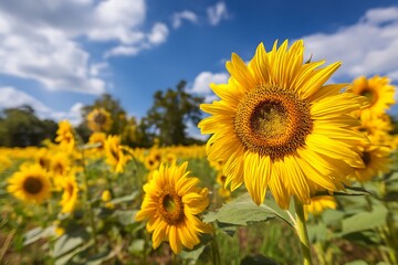 Vibrant Sunflowers in a Sunny Field under a Blue Sky