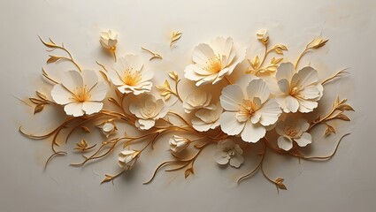 Elegant Floral Arrangement with Golden Accents, Delicate White Flowers with Luxurious Golden Leaves and Branches