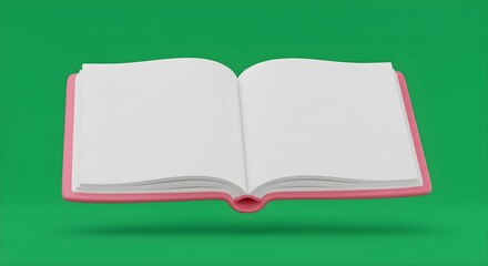 Open Book with Blank Pages and Pink Cover Floating on Green Background