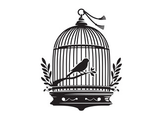 bird in a cage logo design silhouette vectors illustration, bird in a cage silhouette vector logo, silhouette birdcage vector logo, vintage black birdcage logo silhouettes vector on a white background