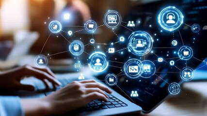 Digital network icons glow over hands typing on a laptop, symbolizing global connectivity. - Powered by Adobe