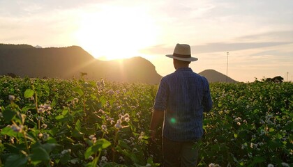 Fototapeta premium Farmer walking in field at sunset