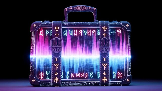 Futuristic suitcase adorned with glowing symbols, showcasing vibrant colors against a dark backdrop