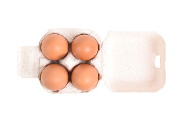 Open egg box with brown eggs isolated on white background with clipping path. Fresh organic chicken...