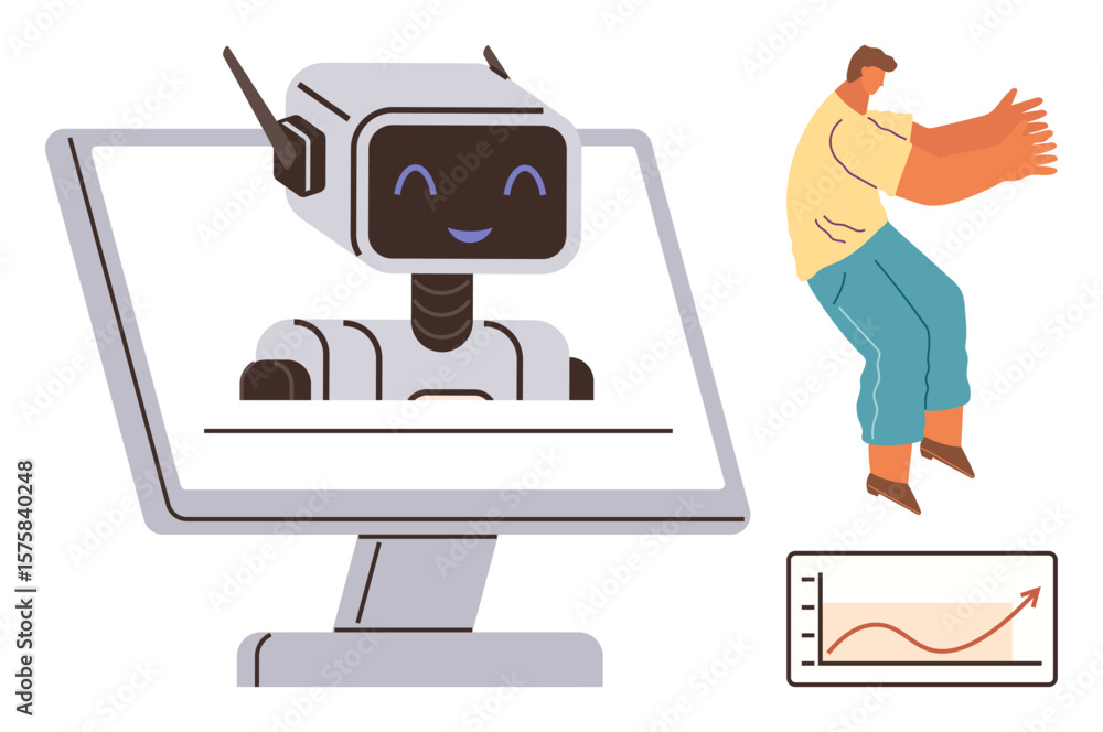 Aufkleber smiling robot interface displayed on monitor, man engaging energetically, growth graph in corner. id
