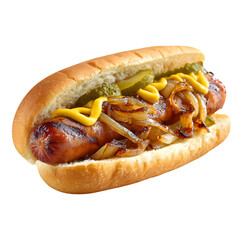 Delicious hot dog with grilled onions, mustard, and pickles in a soft bun.