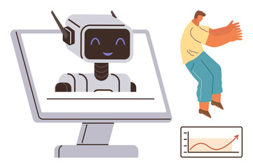 Smiling robot interface displayed on monitor, man engaging energetically, growth graph in corner. Ideal for AI communication, technology, teamwork, digital interaction, virtual assistance, analytics