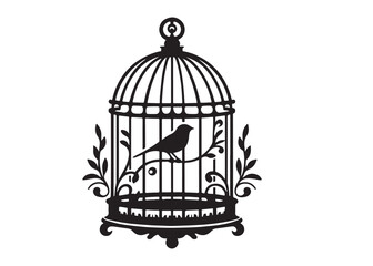 bird in a cage logo design silhouette vectors illustration, bird in a cage silhouette vector logo, silhouette birdcage vector logo, vintage black birdcage logo silhouettes vector on a white background