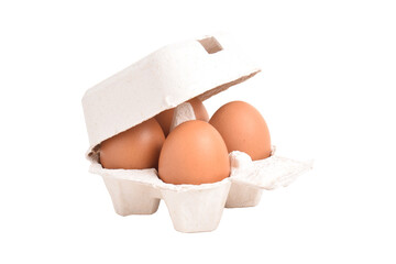 Open egg box with brown eggs isolated on white background with clipping path. Fresh organic chicken...