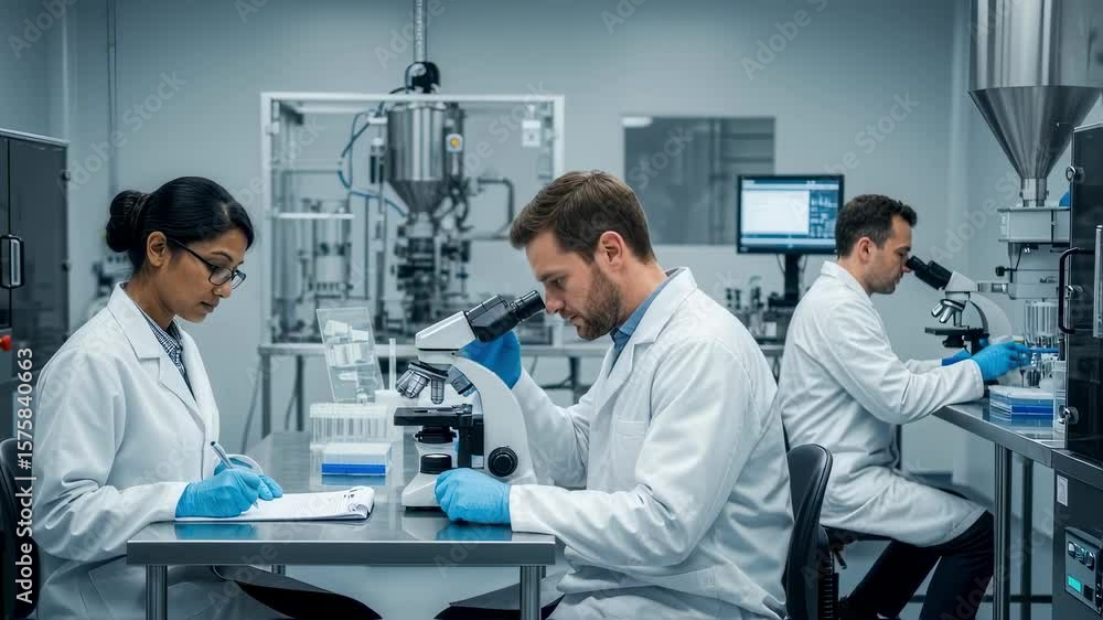 Poster professional laboratory technicians working with microscopes and taking notes, conducting experiment