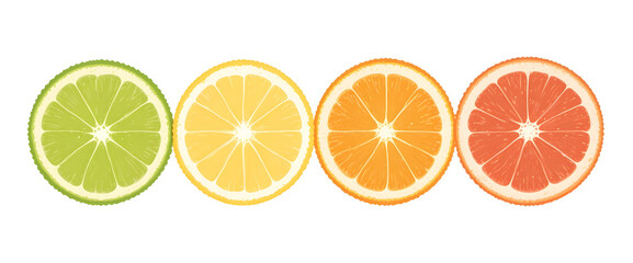 Fototapeta premium Juicy Citrus Slice Arrangement – Grapefruit, Orange, Lemon, and Lime – Transparent PNG.