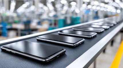 New smartphones move along the conveyor belt, factory production line, numerous phones, manufacturing process, mass production.