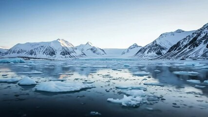 Majestic snow-capped mountains overlook a tranquil icy bay dotted with numerous floating ice floes. - Powered by Adobe