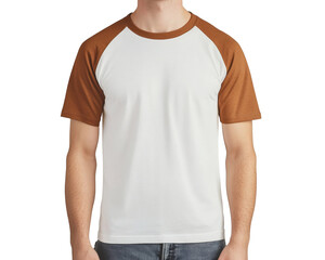 Man in casual white and brown raglan shirt perfect for apparel mockups and fashion promotions