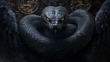 A black snake with golden eyes sits on the throne, wings spread out from its back and body