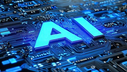 A blue, glowing "AI" text appears on top of an electronic circuit board