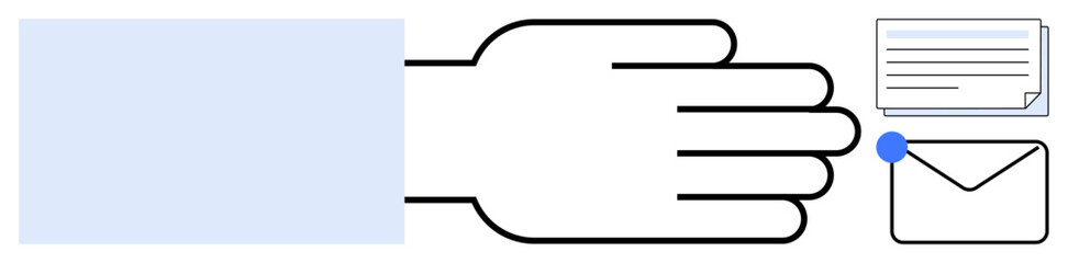 Large hand holding a letter near an envelope with a blue notification dot, representing mail delivery, communication, messaging, sending, receiving, efficiency, and updates. Ideal for logistics