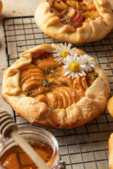 Summer apricot galeta with honey on baking cooling rack close up. Summer open tart or pie
