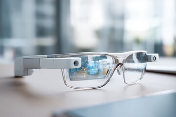 A close up of augmented reality glasses with a screen reflection on a wooden surface indoors view