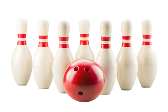 Red bowling ball striking pins isolated on a transparent background