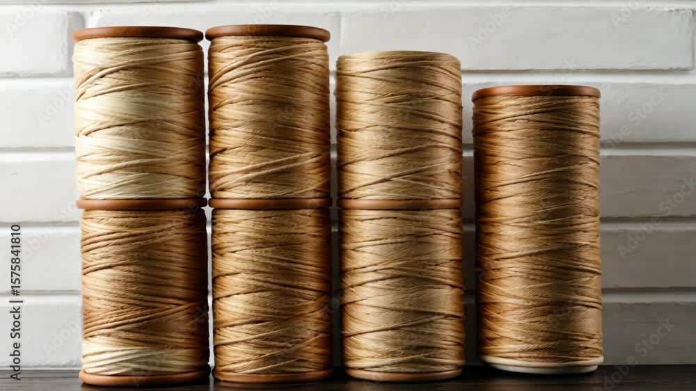 Poster golden thread spools are neatly arranged on a shelf, showcasing textures and colors in a creative st