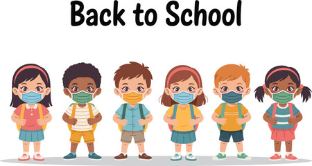 Illustration of diverse students wearing masks and backpacks ready to go back to school safely