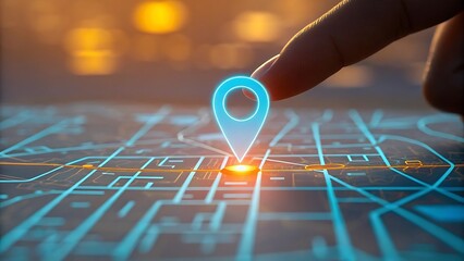 Close up of a finger touching a glowing blue map pin on a digital navigation map with blurred background lights