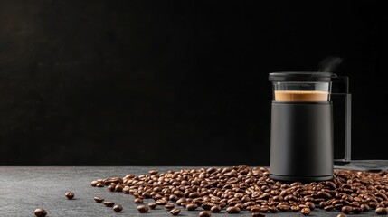 Rich Coffee Beans and Fresh Brewed Coffee on Dark Surface Background