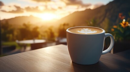 Inviting Cup of Coffee on Wooden Table with Warm Natural Lighting