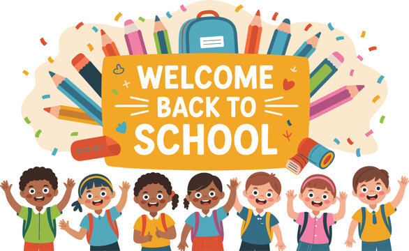 Cartoon illustration with children and welcome back to school message with school supplies around
