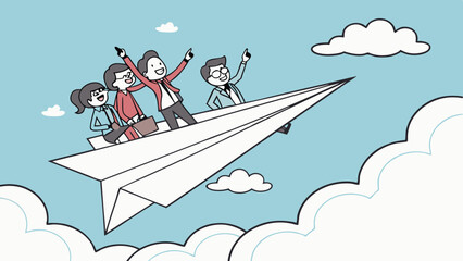 Vector Businesspeople flying on paper airplane, expressing joy and teamwork in creative way
