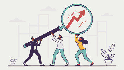 Vector Collaborative teamwork boosts growth as three businesspeople lift giant magnifying glass
