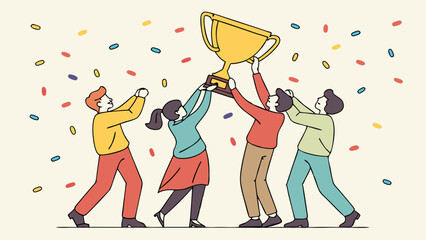 Vector Celebrating victory, four people joyfully lift large golden trophy together