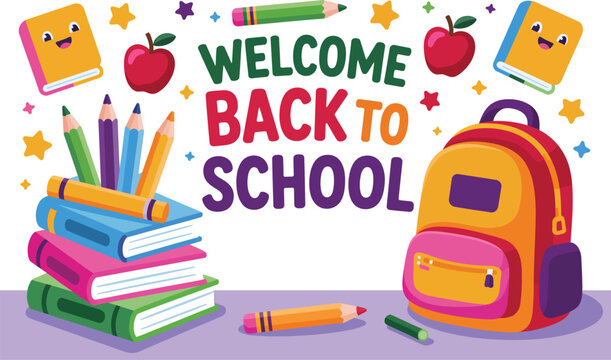 Illustration of back to school supplies with welcome back to school september st discounts text