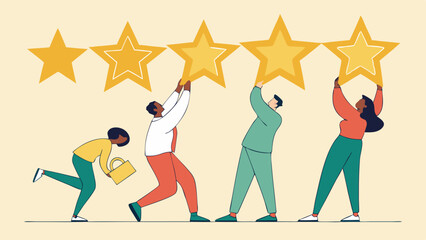 Vector Team of diverse colleagues lifting five stars together, celebrating success and teamwork