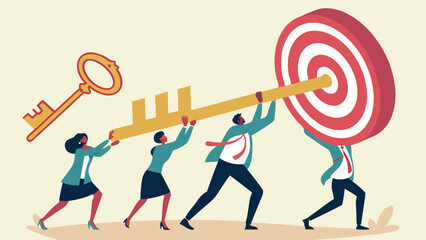 Vector Business team working together to unlock success with large key and target symbolizing goals