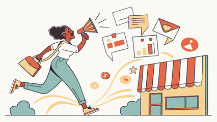 Vector Young businesswoman promoting small business with megaphone, surrounded by marketing charts, messages, reviews, and communication icons, symbolizing outreach.