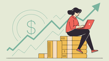 Vector Confident Businesswoman using laptop while sitting on money stack with rising arrow chart, symbolizing financial growth, business success, and economic progress